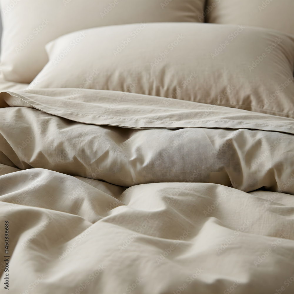 Poster close-up detail captures the soft texture and folds of rumpled beige bed linen, inviting rest and co