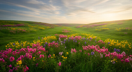 Scenic Meadow Of Vibrant Wildflowers Under A Pastel Sky