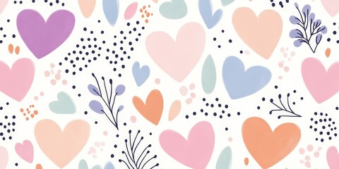 Festive pattern with colorful hearts and abstract floral elements for creative projects