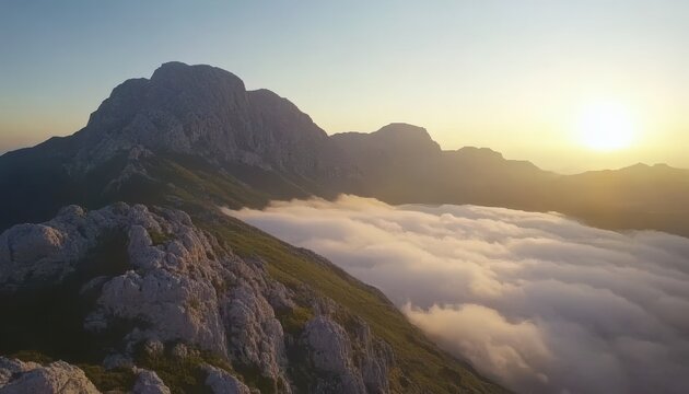 Majestic mountain ridge bathed in golden sunrise, a sea of clouds below - Powered by Adobe