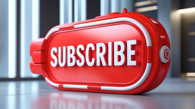 Red subscribe button, futuristic design, glossy surface
