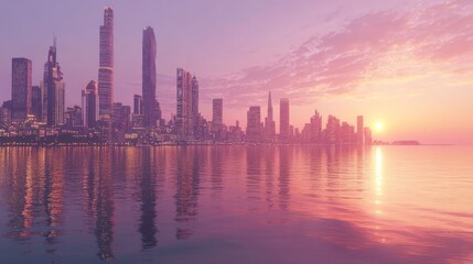 Obraz premium Cityscape at Sunset: A Breathtaking View of Modern Architecture Reflected on Calm Waters
