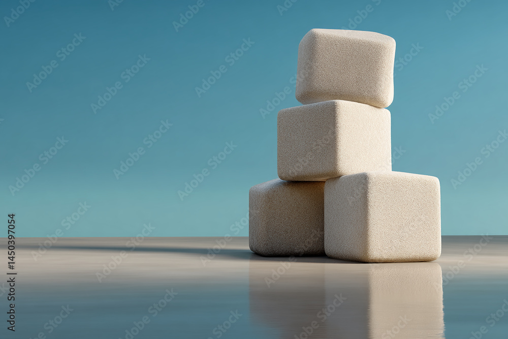 Poster stack of three beige cubes with a soft, textured surface against a blue background, showcasing a min