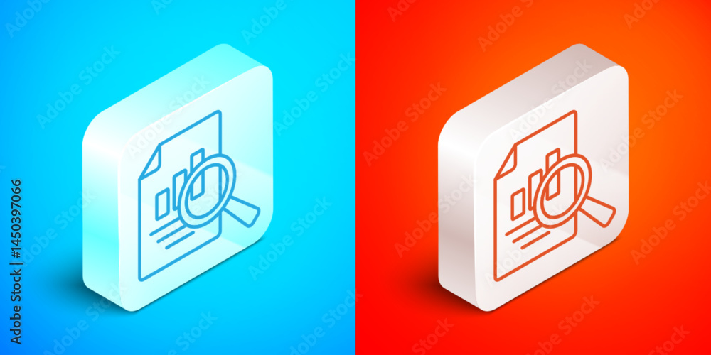 Fototapete Isometric line Document with graph chart icon isolated on blue and red background. Report text file icon. Accounting sign. Audit, analysis, planning. Silver square button. Vector