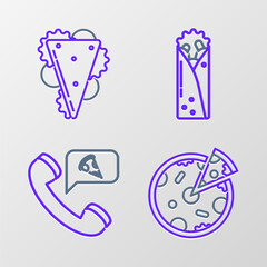 Set line Pizza, Food ordering pizza, Doner kebab and Sandwich icon. Vector