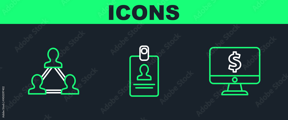Poster set line computer monitor with dollar symbol, project team base and identification badge icon. vecto