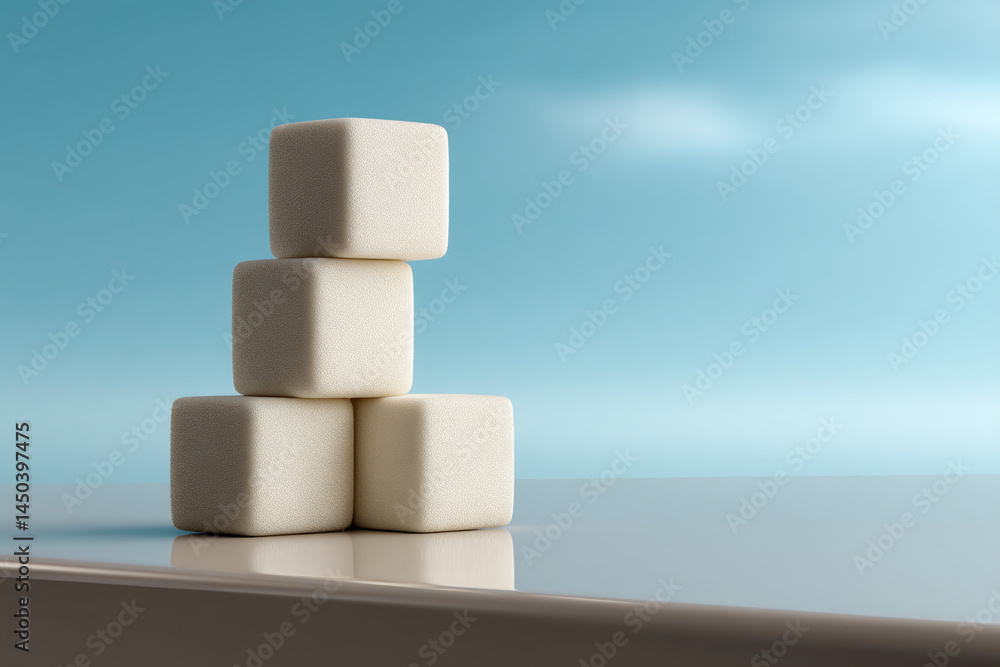 Poster stack of three off-white textured cubes on a reflective surface against a light-blue background, sho