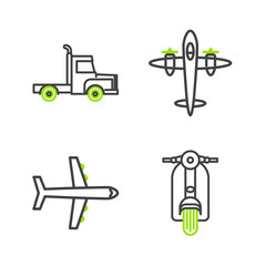 Set line Scooter, Plane, Old retro vintage plane and Delivery cargo truck vehicle icon. Vector