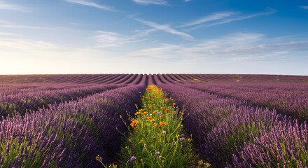 Obraz premium Lavender Fields And Vibrant Wildflowers Under A Blue Sky Horizon