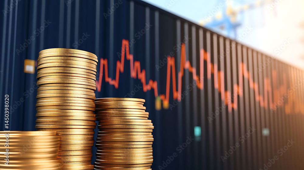Poster stacked coins symbolize wealth against a backdrop of a declining line graph, signifying financial ri