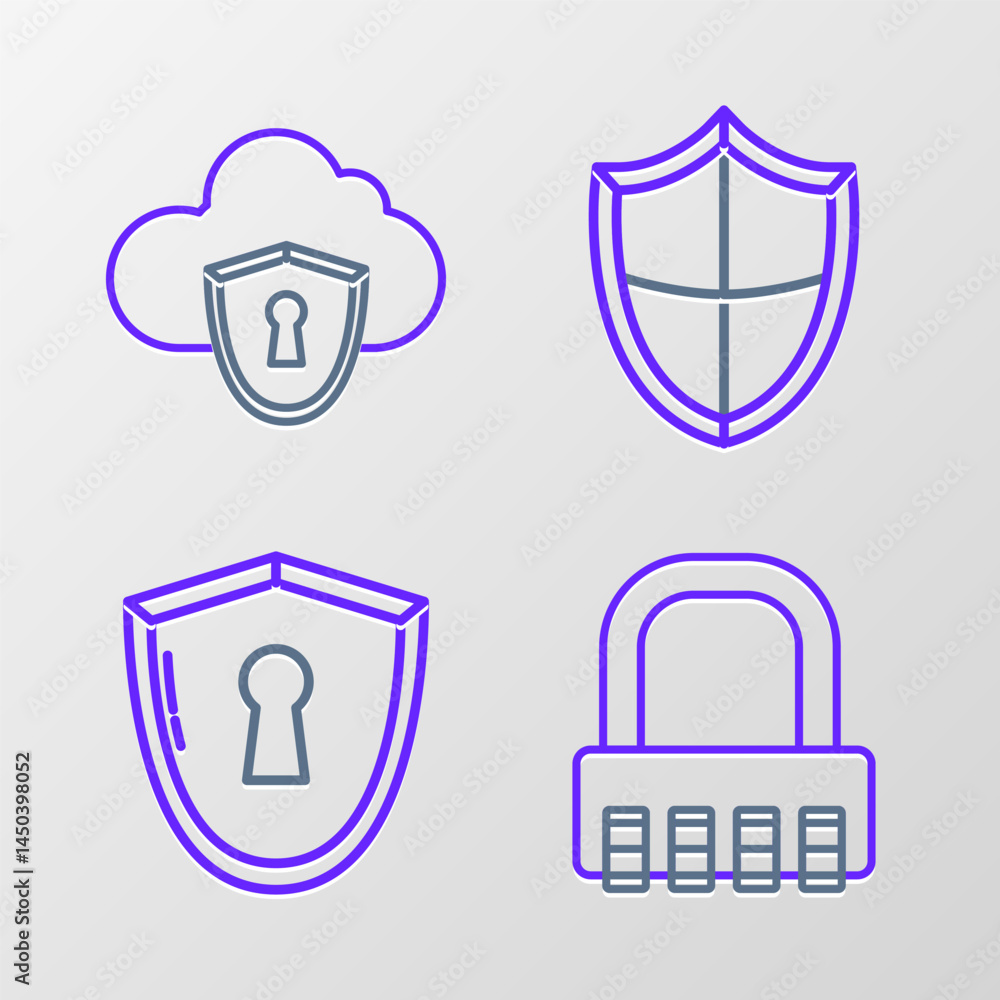 Poster set line safe combination lock, shield with keyhole, and cloud and shield icon. vector