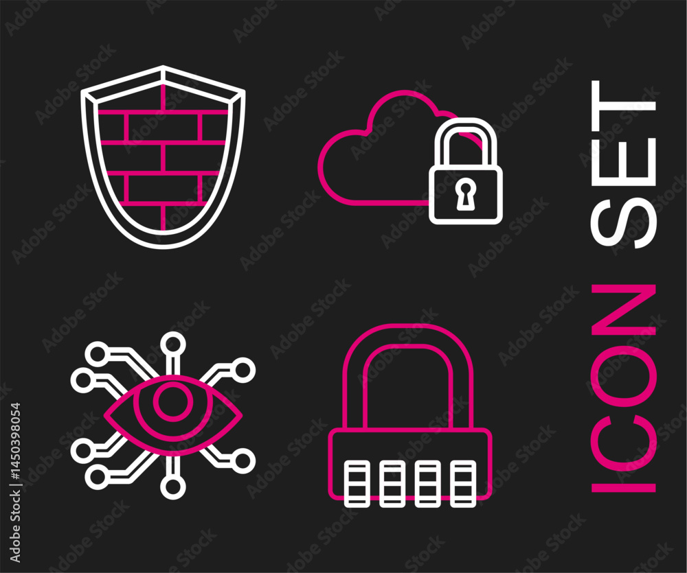 Poster set line safe combination lock, eye scan, cloud computing and shield with cyber security brick wall 