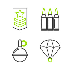 Set line Parachute, Hand grenade, Bullet and Chevron icon. Vector