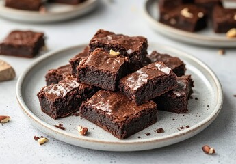 Square chocolate brownies with cracked surfaces on a gray background.