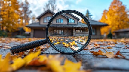 Magnified leaves, cozy home in autumn backdrop