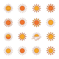 A set of minimalist sun designs showcasing different layouts and ray arrangements, symbolizing sunlight, warmth, energy, and positivity. Perfect for weather or summer thematic projects, infographics, 