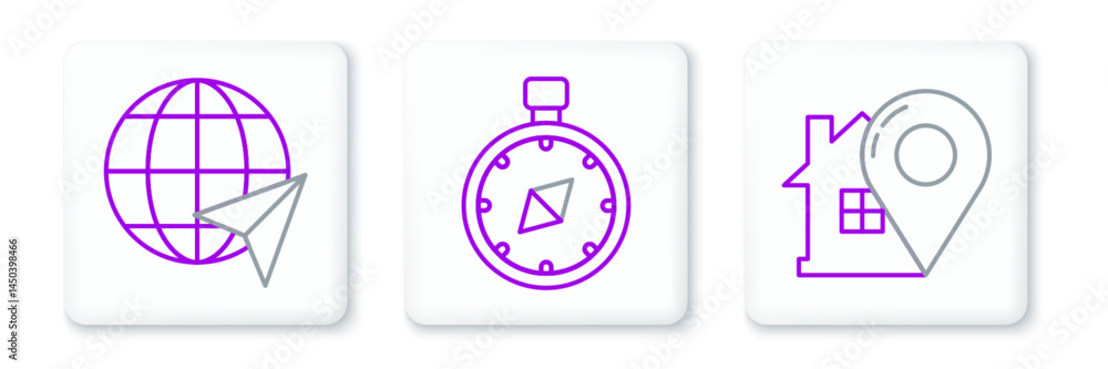 Poster set line map pointer with house, location on the globe and compass icon. vector