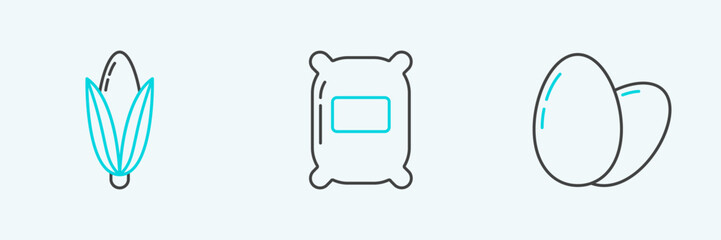 Set line Chicken egg, Corn and Bag of flour icon. Vector