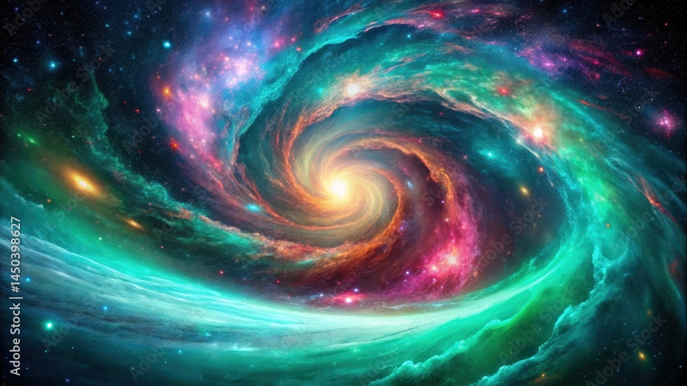 Poster a cosmic swirl of color and light, a symphony of celestial dust and stars in a spiraling dance acros