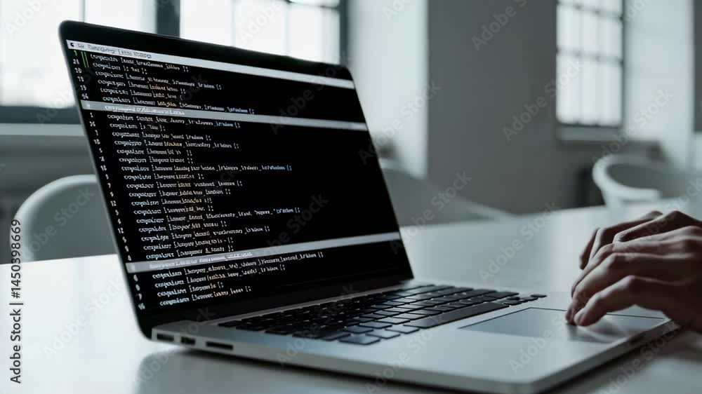 Aufkleber Professional software developer typing source code on laptop keyboard in bright, modern workplace, demonstrating digital coding process and technology skills