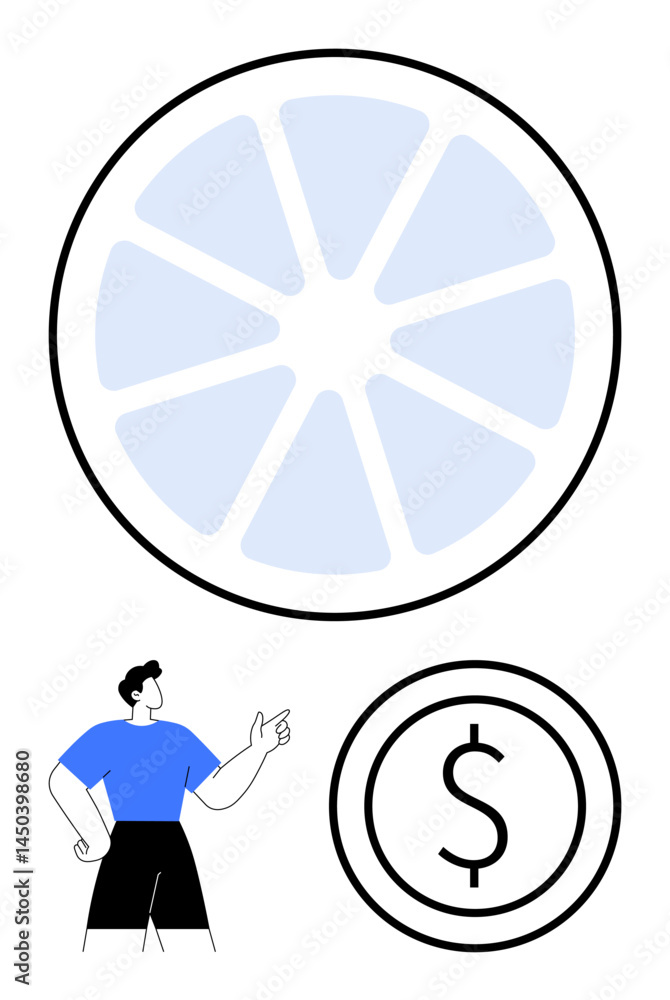 Poster circular chart with sections, dollar sign in circle, and man gesturing toward data. ideal for financ