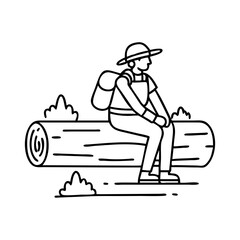 hiker resting on log icon, hiker resting on log line art - simple line art of hiker resting on log, perfect for hiker resting on log logos and icons