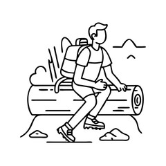 hiker resting on log icon, hiker resting on log line art - simple line art of hiker resting on log, perfect for hiker resting on log logos and icons