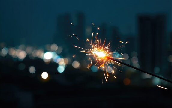 Sparkling sparkler against a night cityscape.  A fiery sparkler bursts with bright lights against a dark, blurred background of city lights