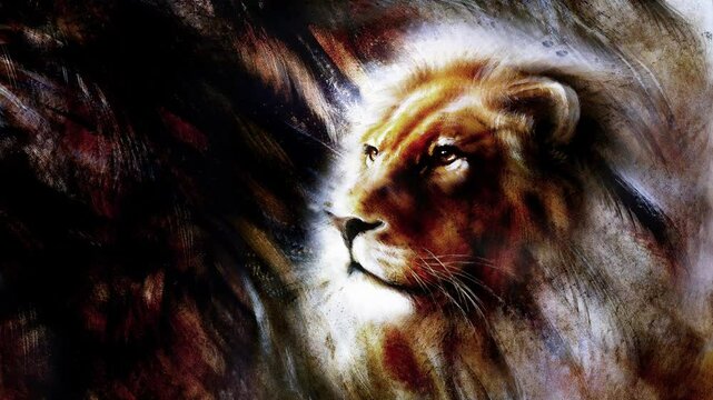 lion portrait on abstract background with feather pattern, rust effect