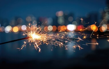 Sparkling sparkler against a blurred city skyline at night.  Warm, fiery sparks shoot out against a backdrop of softly focused city lights