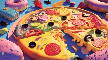 Fototapeta premium Delicious Pizza Slice with Sweet Treats Colorful Doughnuts and Strawberries