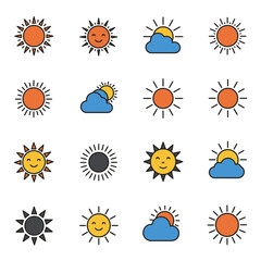 A set of minimalist sun designs showcasing different layouts and ray arrangements, symbolizing sunlight, warmth, energy, and positivity. Perfect for weather or summer thematic projects, infographics, 