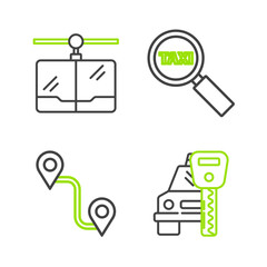 Set line Car rental, Route location, Magnifying glass and taxi car and Cable icon. Vector