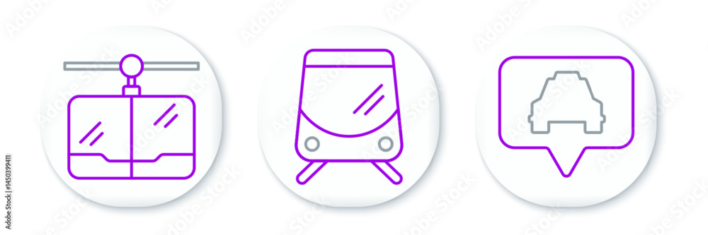 Poster set line map pointer with taxi, cable car and tram and railway icon. vector