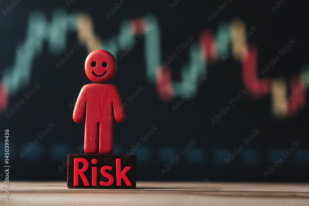 Poster managing risk: a red figure stands smiling atop a block labeled 