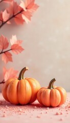 Playful pastel pumpkin trio; glittery backdrop, fall theme, cheerful, leaves, pearls