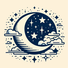 Beautiful cartoon illustration of moon and stars