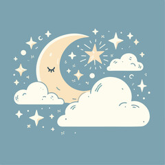 Beautiful cartoon illustration of moon and stars