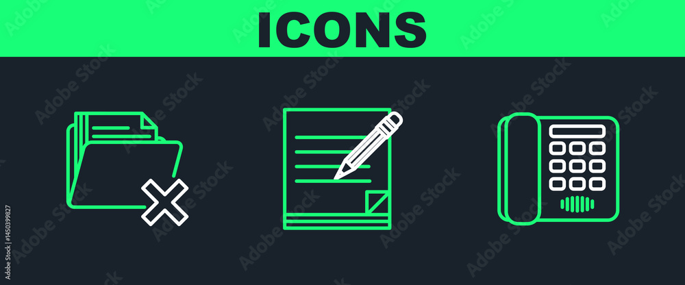 Aufkleber set line telephone, delete folder and blank notebook and pencil with eraser icon. vector