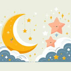 Beautiful cartoon illustration of moon and stars