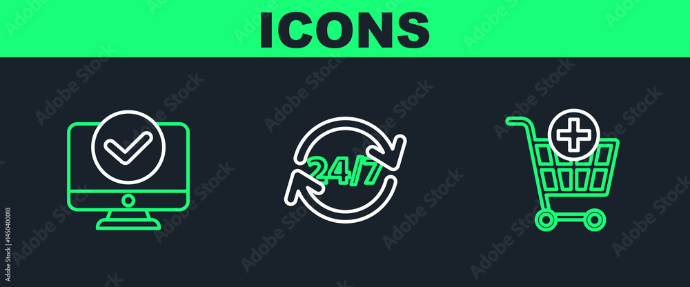 Poster set line add to shopping cart, computer monitor and clock 24 hours icon. vector