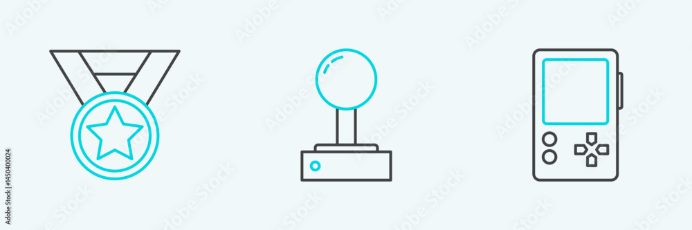 Aufkleber set line portable video game console, medal and joystick for arcade machine icon. vector