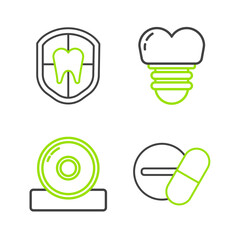 Set line Medicine pill or tablet, Otolaryngological head reflector, Dental implant and protection icon. Vector