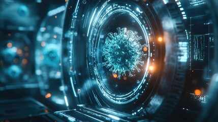 High-tech interface displays a microscopic virus.