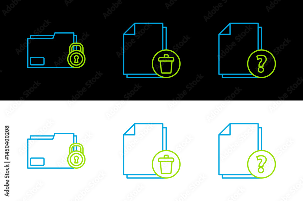Fototapete Set line Unknown document, Folder and lock and Delete file icon. Vector