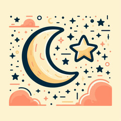 Beautiful cartoon illustration of moon and stars