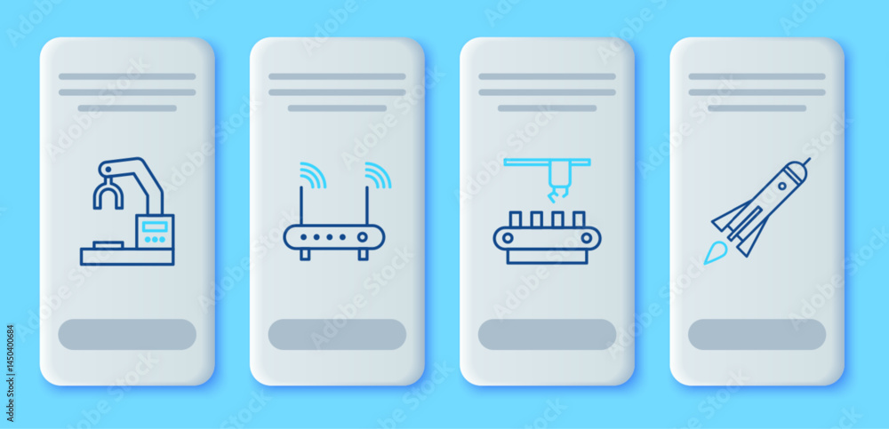 Poster set line router and wi-fi signal, factory conveyor system belt, robotic robot arm hand factory and r