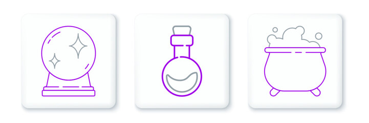 Set line Witch cauldron, Magic ball and Bottle with love potion icon. Vector
