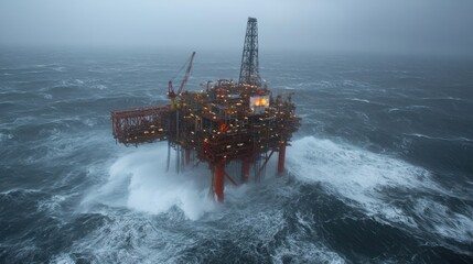 Offshore oil platform in stormy ocean at night