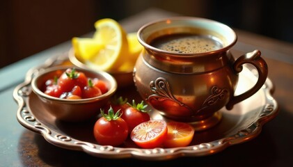 Rich Turkish coffee, assorted lokum, ornate copper serving tray, selective focus , delight, middle eastern